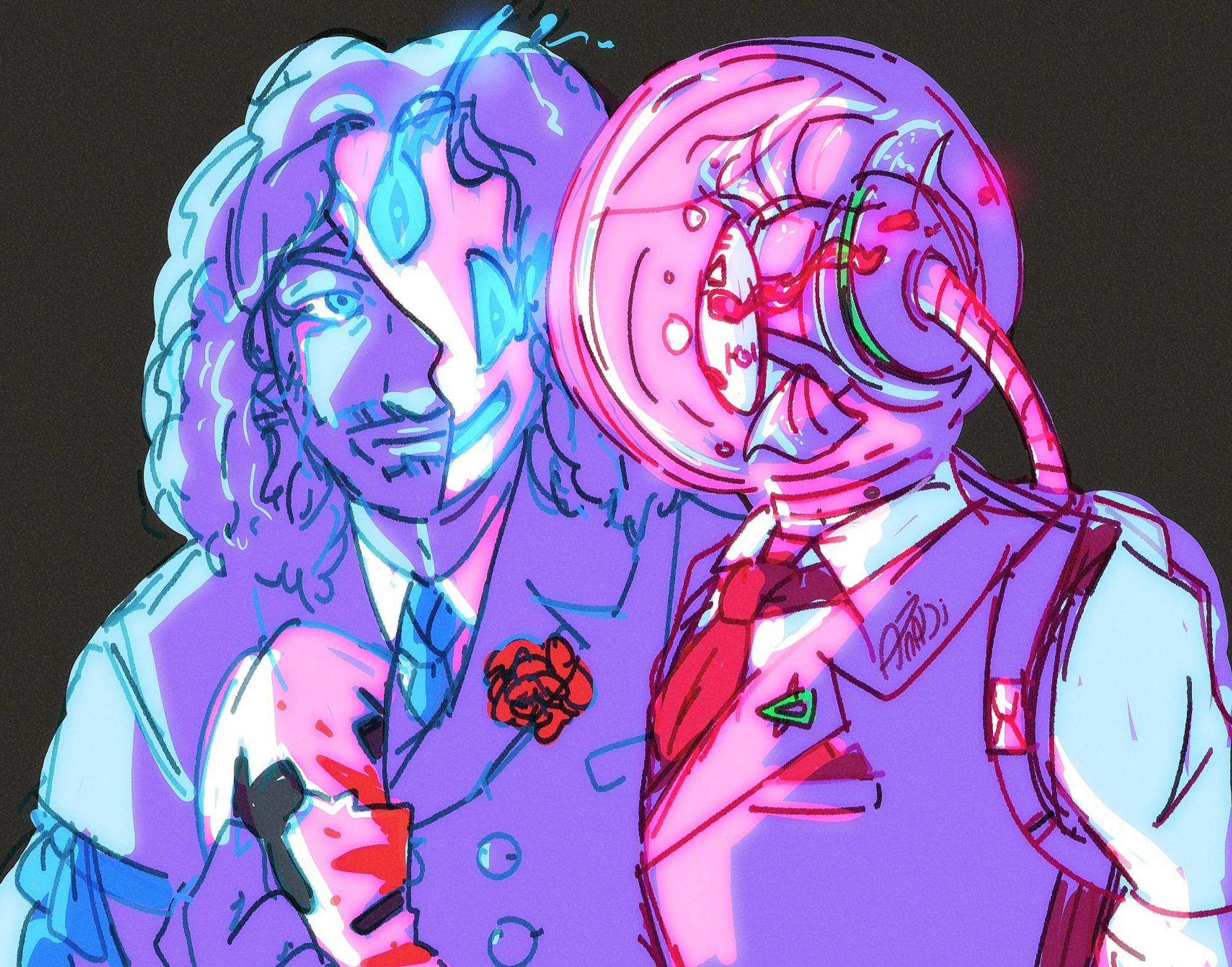 akAU!Wuant (holding Alice's bloodied mask, wearing her hair ribbon and rose he gave her) & akAU!Gabe, both wearing Araldo and Bia's mascaras