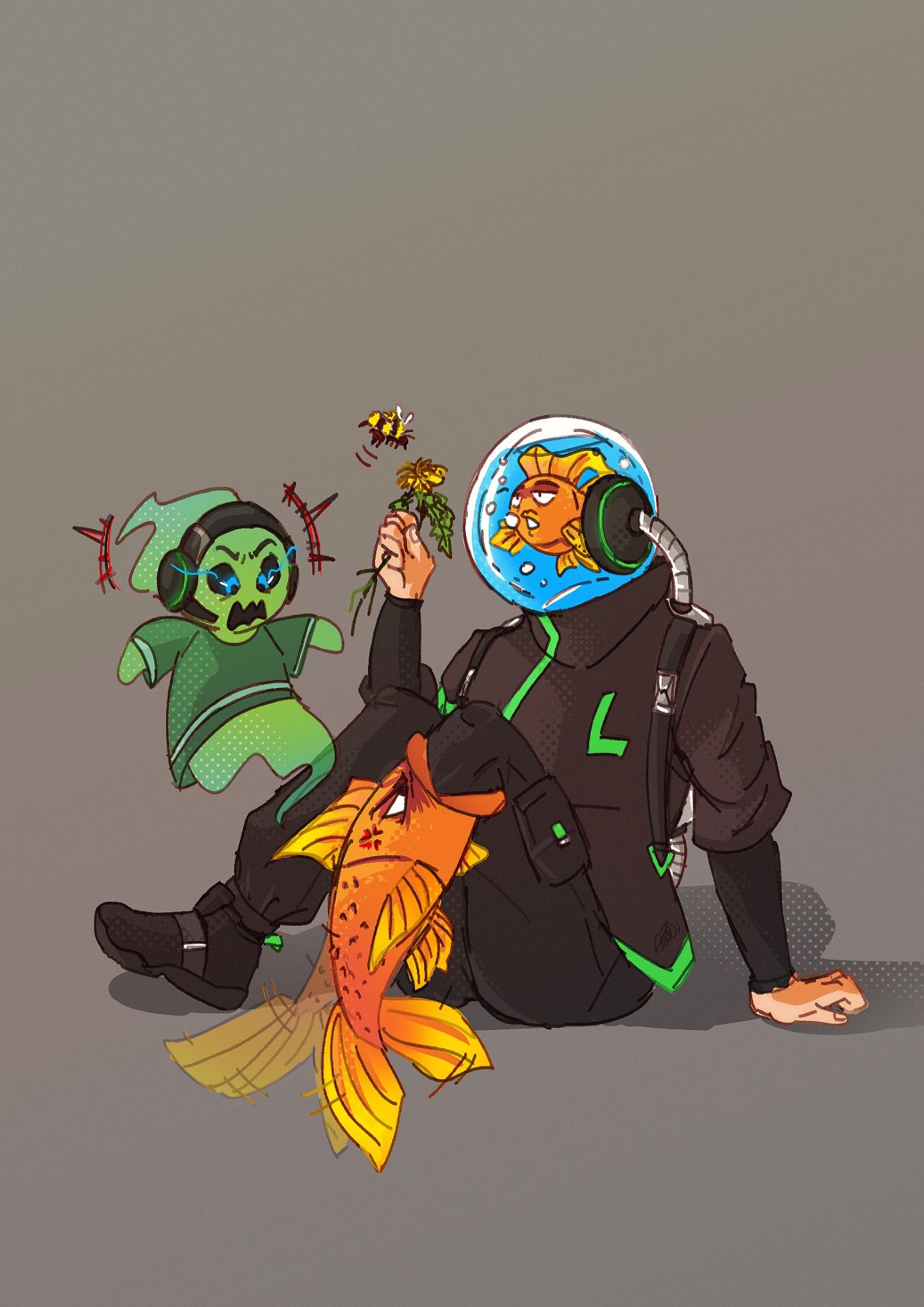 ak!Gabepeixe holding a dandelion for a bee while Denix freaks out abt the other peixe on ak!Gabe's leg