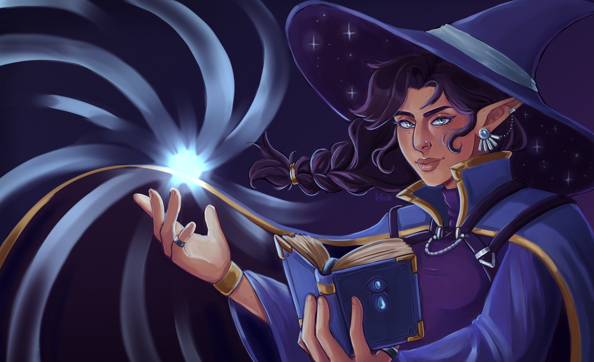 painted illustration of a purple themed mage woman holding a book and conjuring a vortex of magical energy in the other hand 