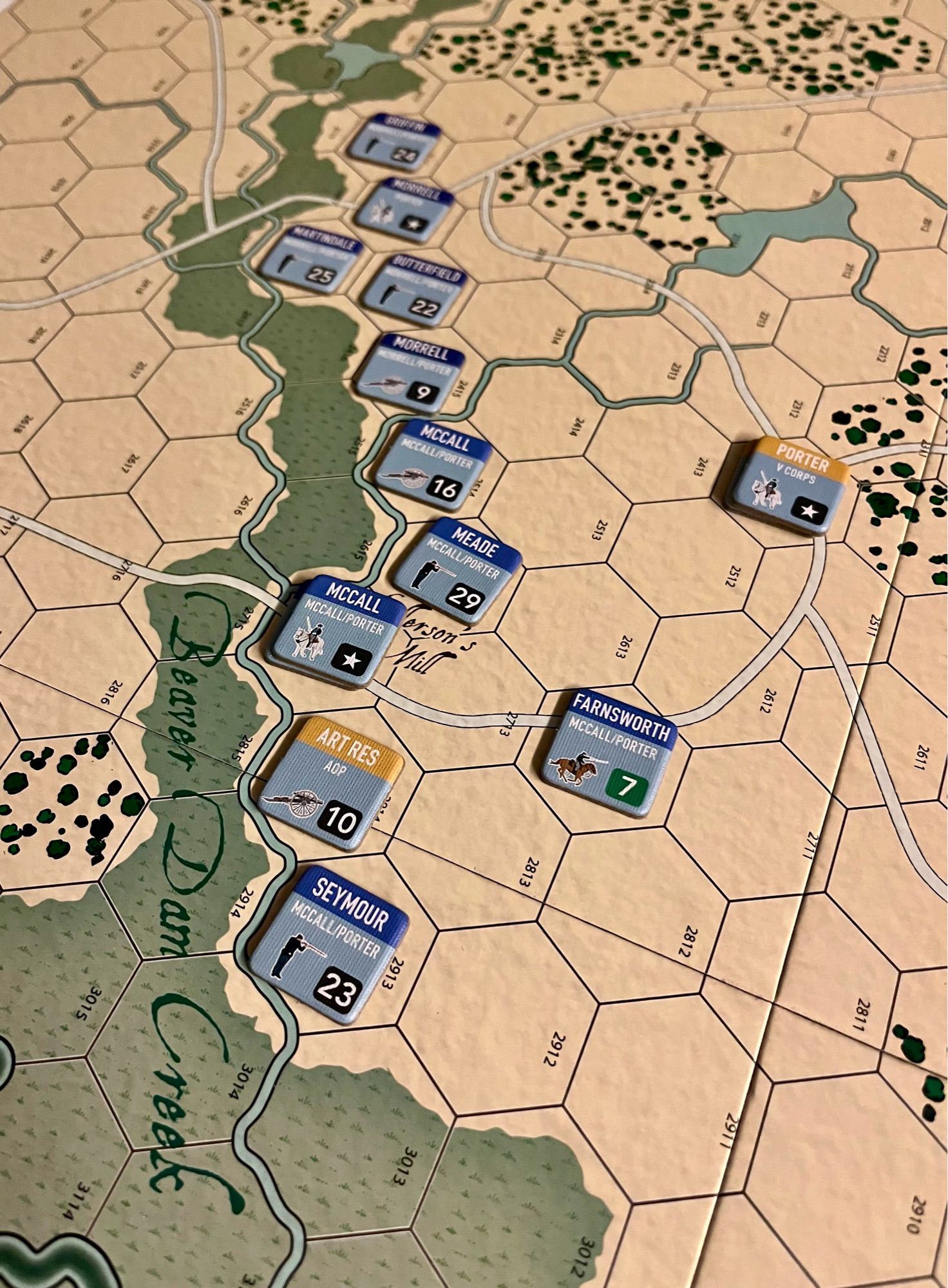 Board game in progress. Union line extends north to south on the east bank of Beaver Dam Creek with the Union corps commander further to the east behind his line.