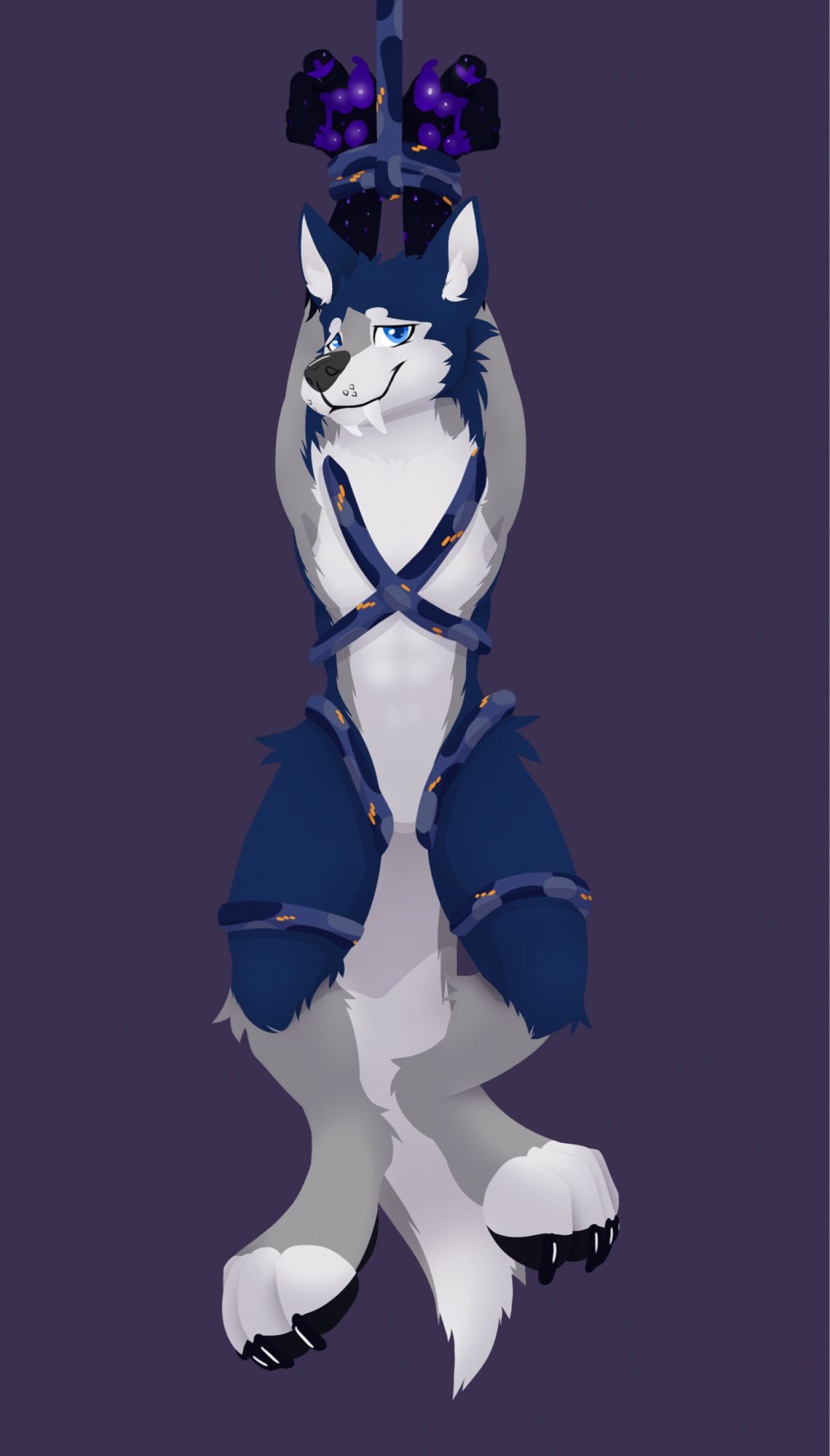 A picture of Albax in shibari as part of a badge done by @mowshiboi.bsky.social