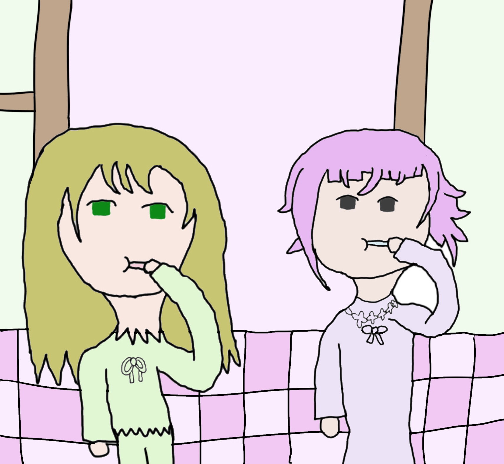 a digital drawing of maka and crona from soul eater brushing their teeth. they are standing next to each other. maka is wearing light green pajamas, and crona is wearing lavender pajamas