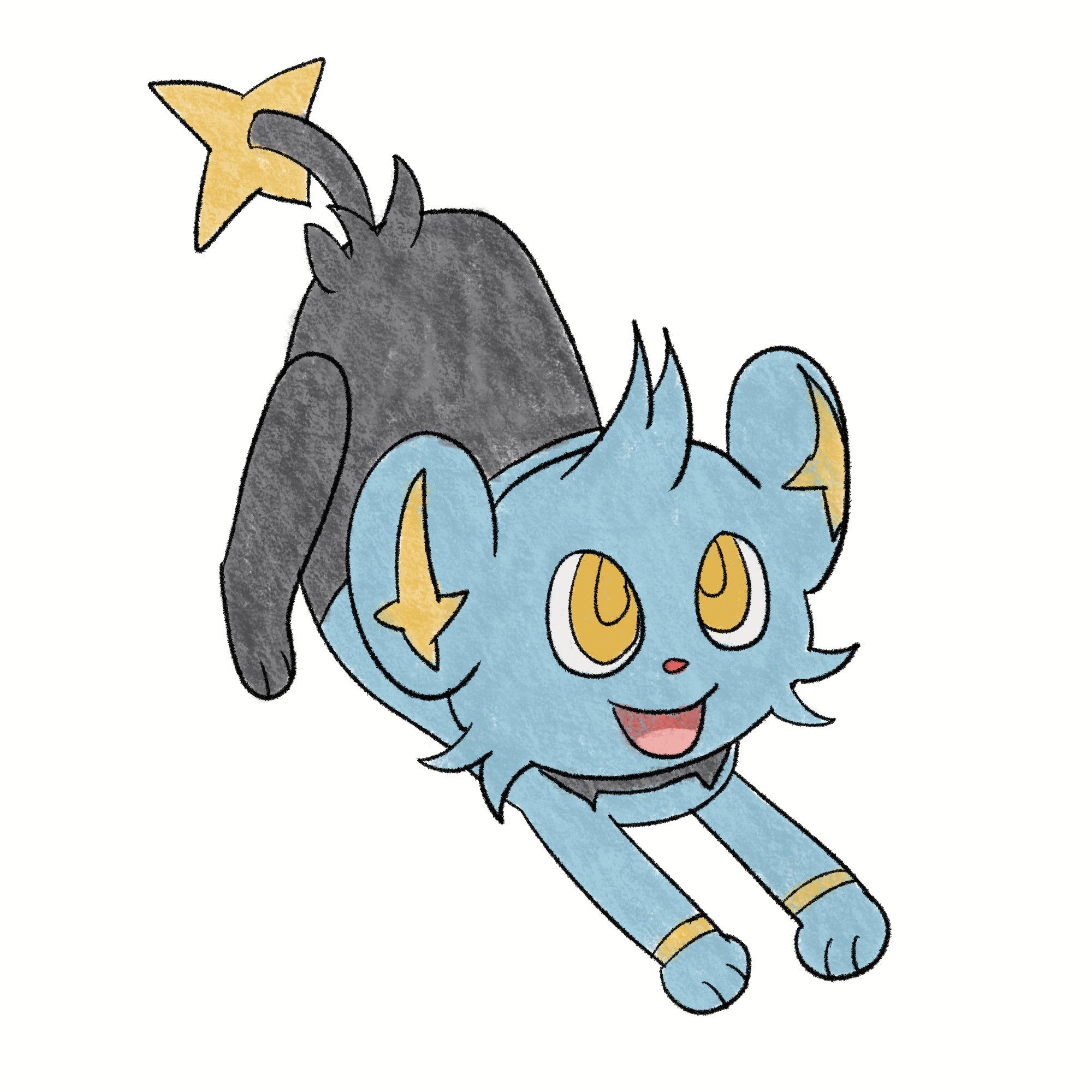 A picture of Shinx. Shinx is in a playful position, hind legs up and fore legs down, as if someone is about to throw a ball and play with Shinx.