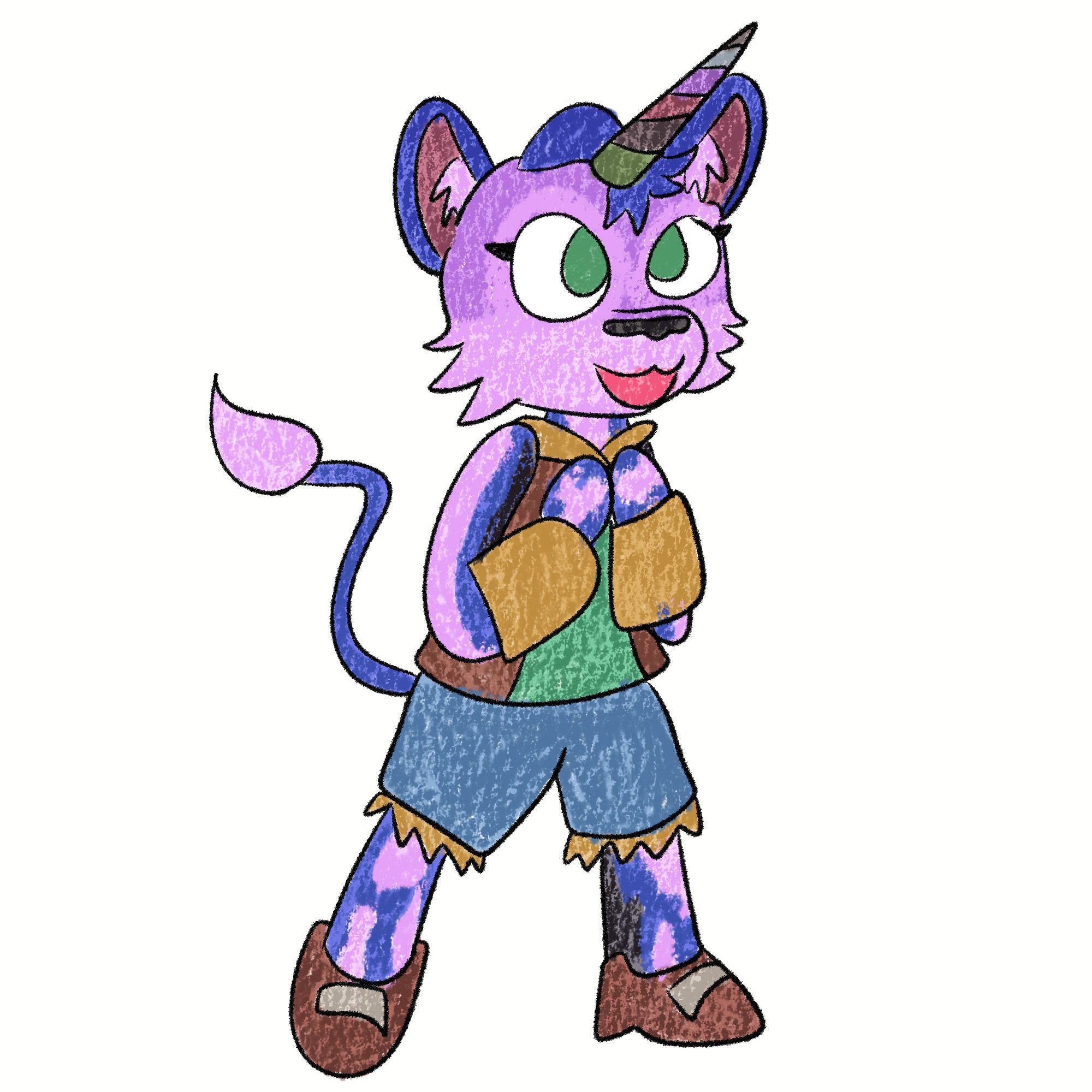 A sketch of a hot pink and blue tiger with a unicorn horn, Ezra. She is wearing a green shirt with a brown vest, shorts and brown shoes. She is posing eagerly, like she's about to go on an adventure.