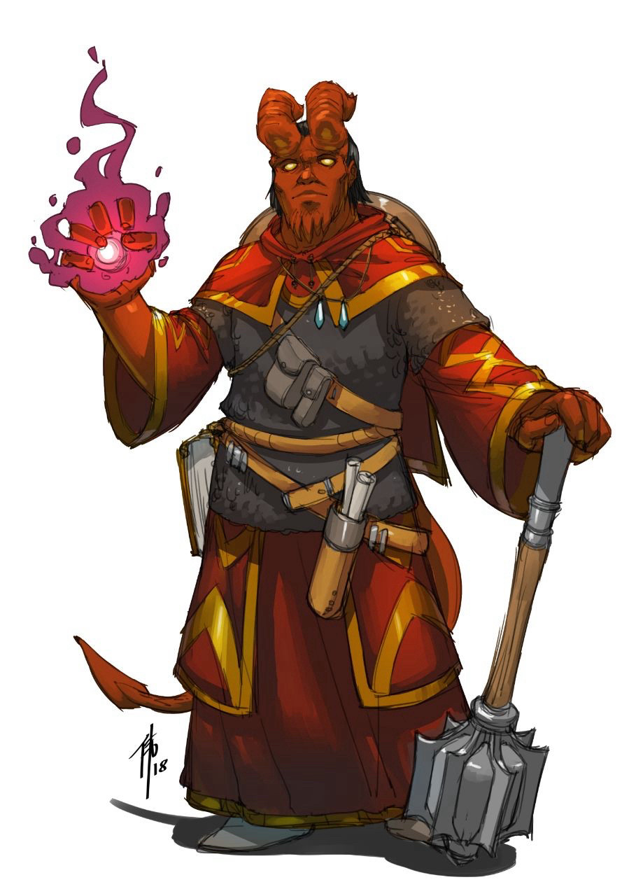 A Tiefling cleric in red and gold robes with a huge mace, raising his right hand, spell power coalescing there.