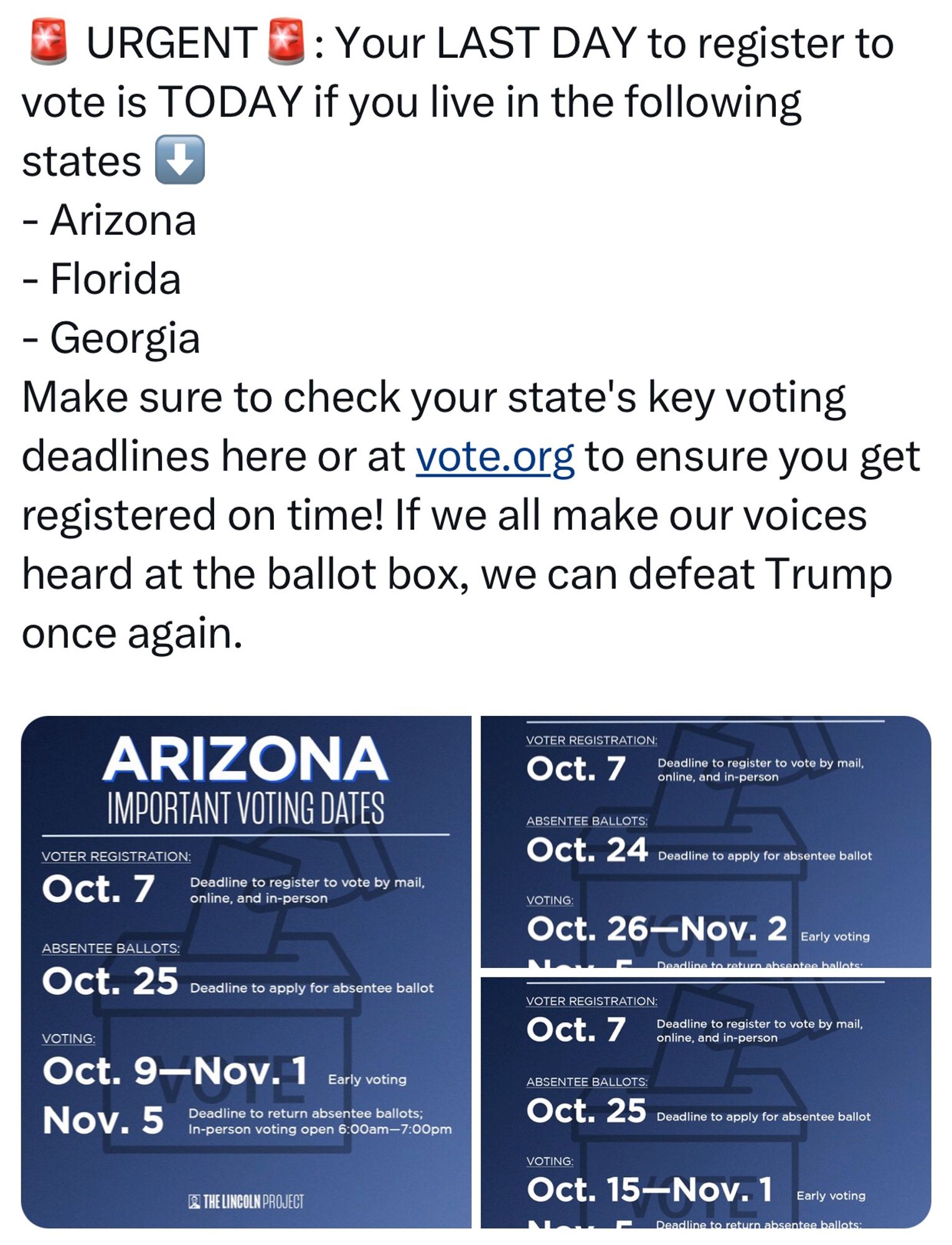 If do you or anyone you know lives in Florida, Arizona, or Georgia, today is the last day to register to vote in the November 5 election. The photo let’s link to check the voting registration deadlines in all the states.