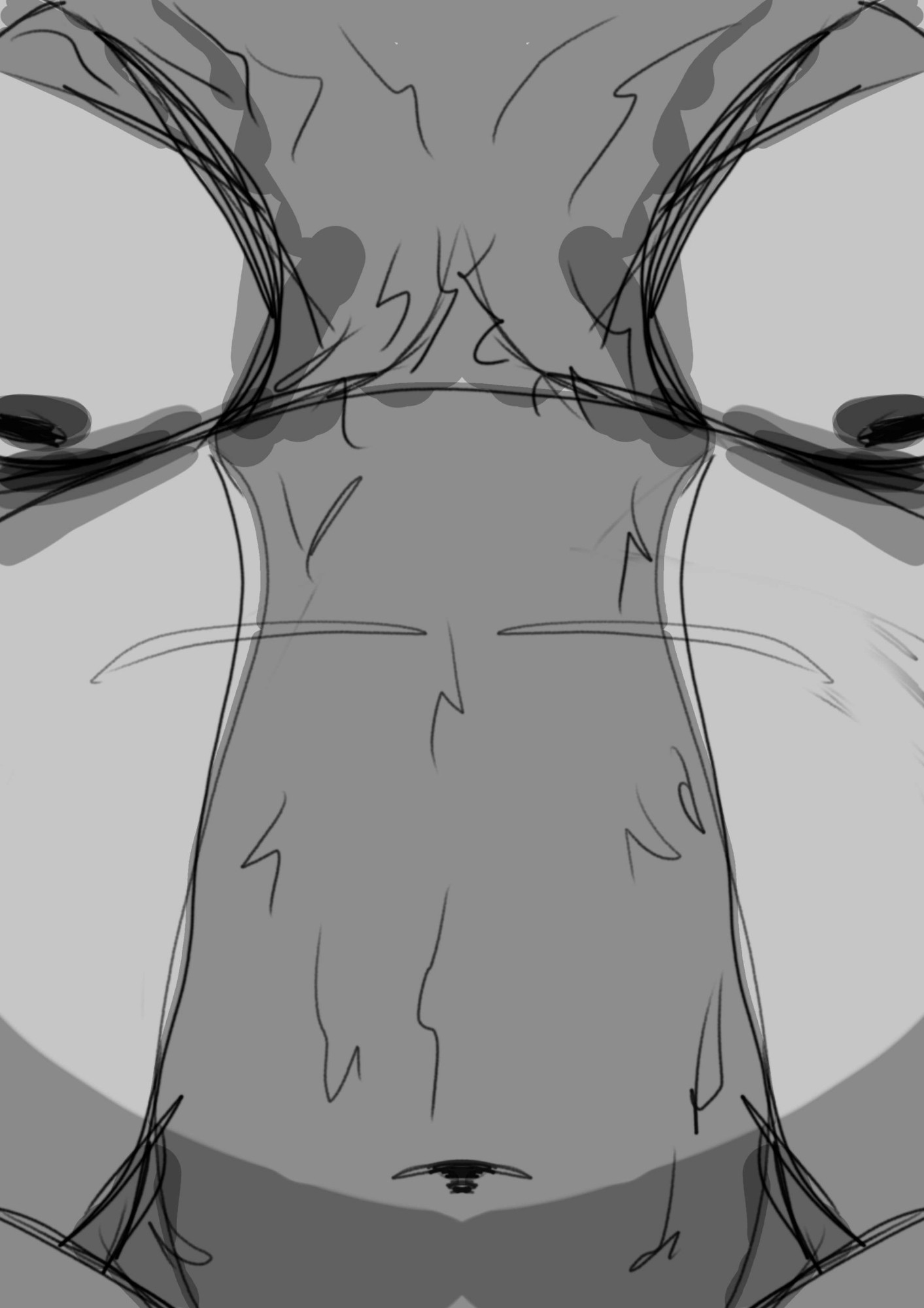 A close up black and white sketch of an overweight anthropomorphized saint Bernard's torso