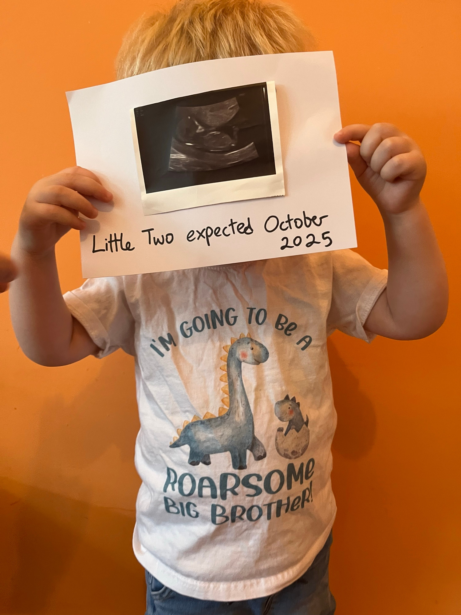 A toddler holds up an ultrasound scan of a baby. The toddler wears a T-shirt that reads “I’m going to be a roarsome big brother” with a picture of a sauropod 