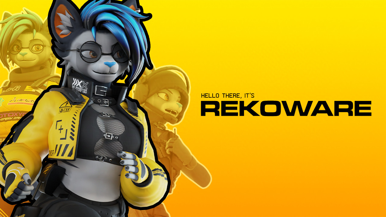 A bunch of renders of Reko's avatar on a yellow background with the text "hello there, it's Rekoware"

The first render has Reko in a running state, wearing glasses and a yellow jacket and gloves, and an open top, behind we can see Reko again wearing a yellow racing outfit, and even further back another Render of Reko but in a more military type of outfit with a bulletproof helmet and kevlar vest and equipment