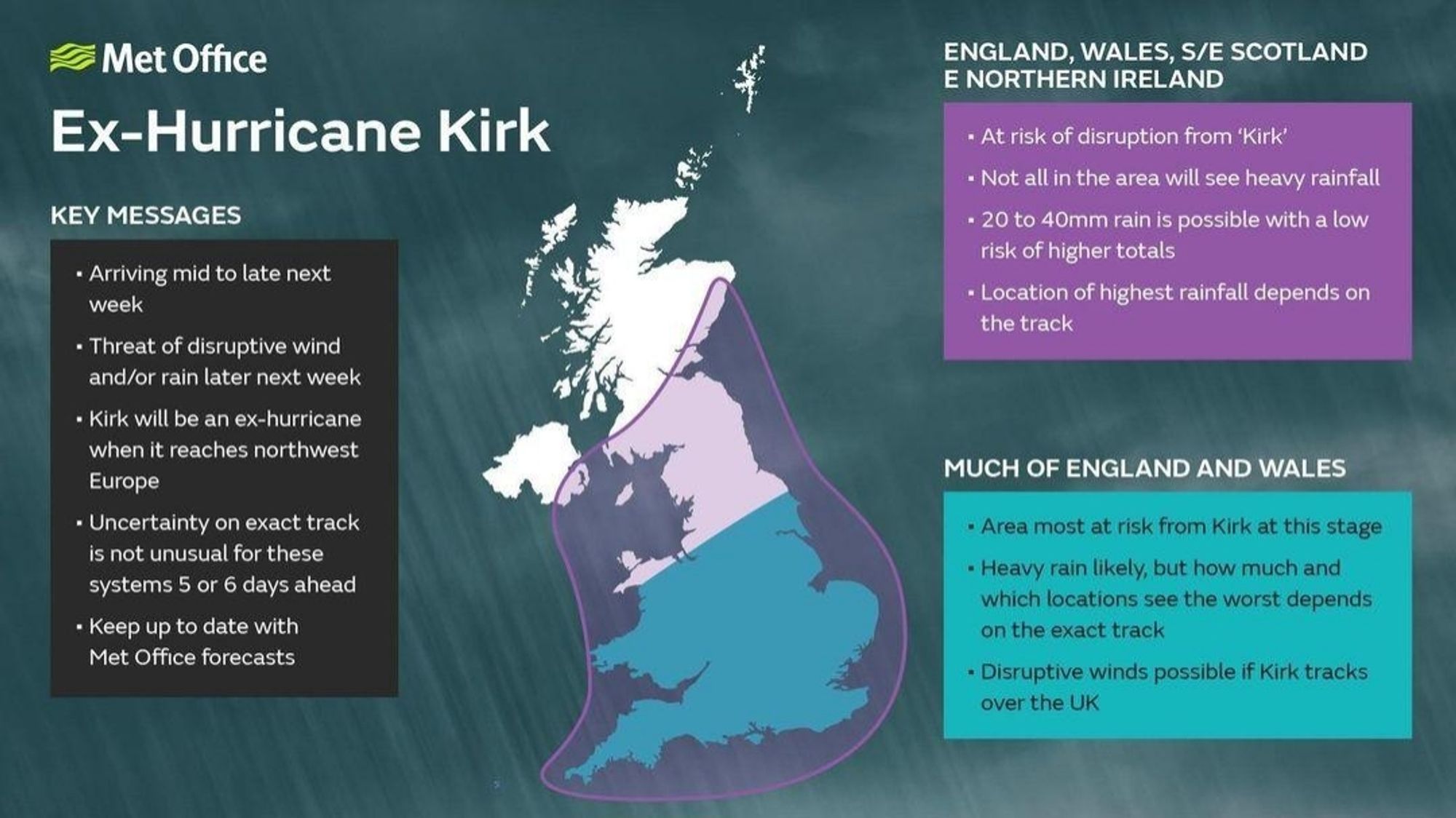 Graphic from Met Office, warning about Ex-Hurricane Kirk heading towards UK next week with risk of heavy rain and disruptive winds