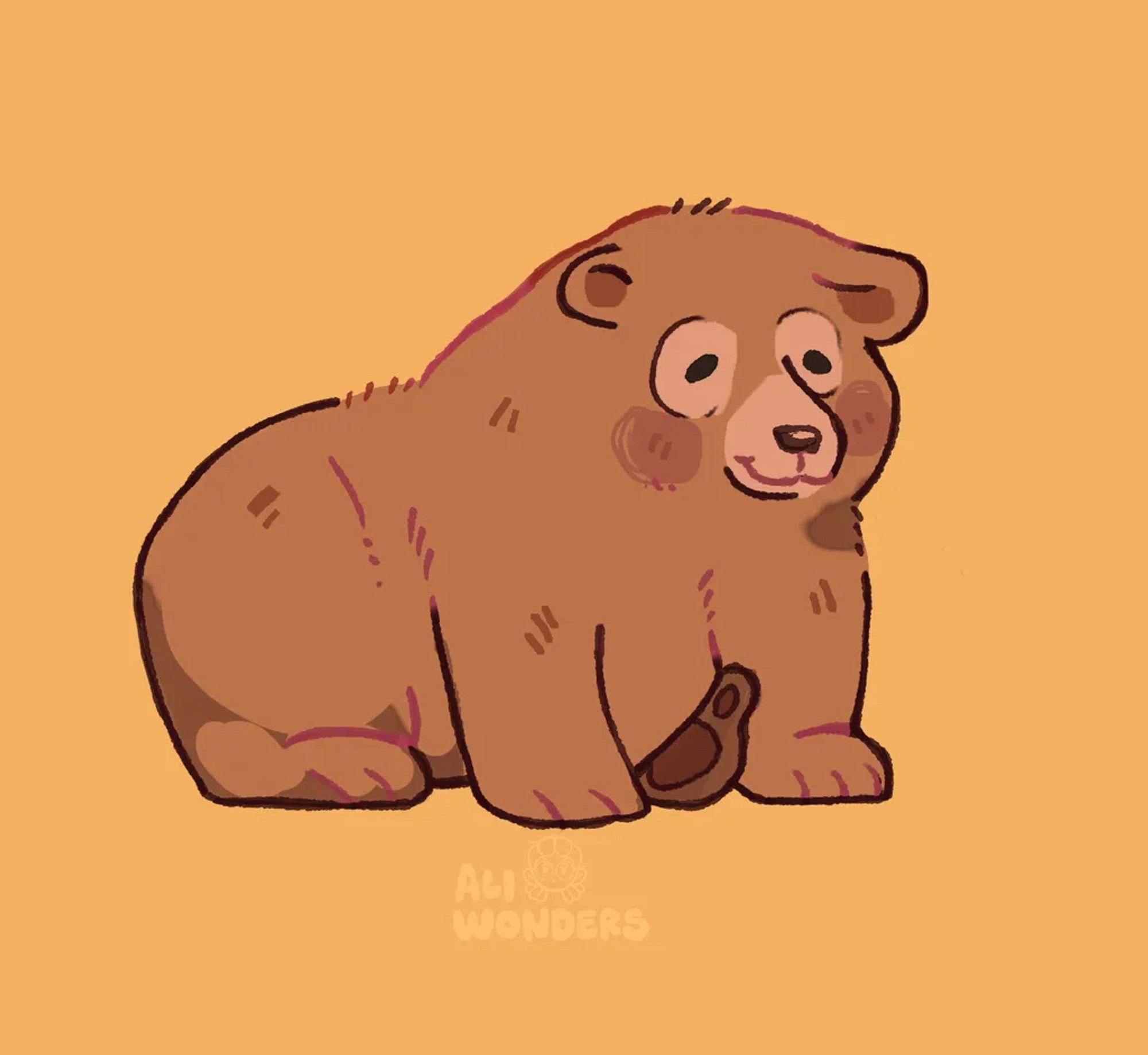 a digital drawing of a cute chubby brown bear in an orange background