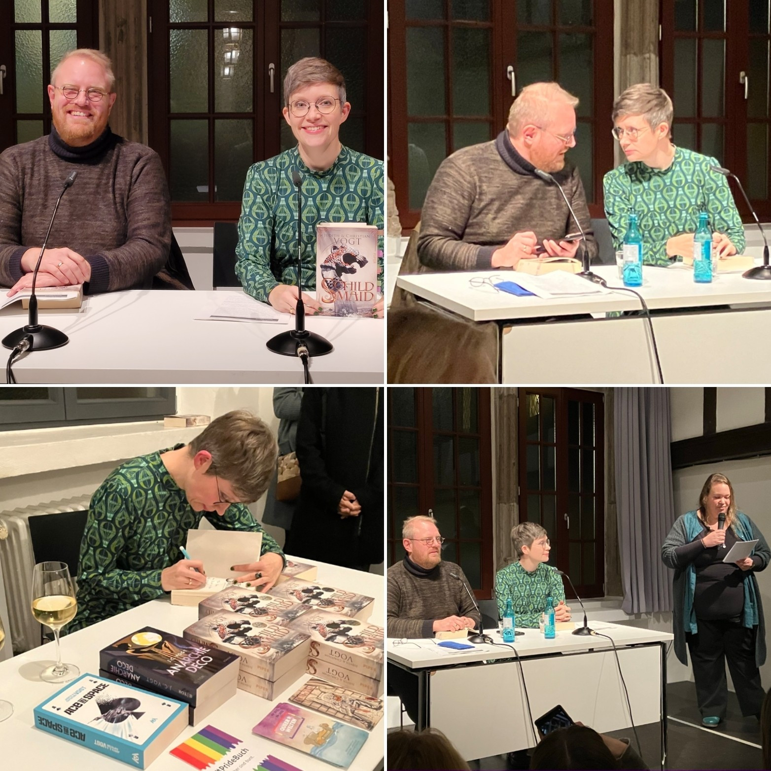 Eine Collage aus vier Fotos von Christian und Judith hinter einem Tisch an Mikros mit dem Buch Schildmaid, anmoderiert von Maren Conrad und am Büchertisch, signierend.