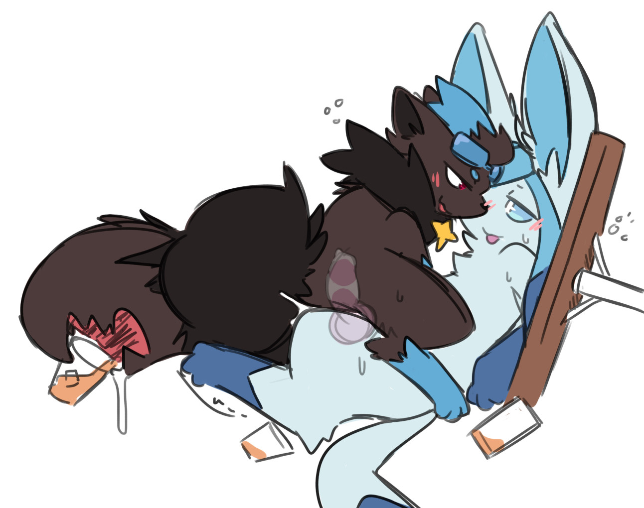 A Zorua riding a Glaceon’s cock, table flipped on it’s side with the glass of alcohol toppled all over the ground. Zorua tail mouth also consuming the alcoholic beverage