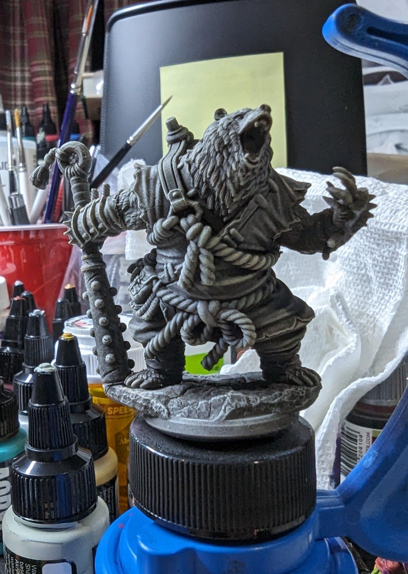 Front view of an angry martial arts bear after a zenithal prime.