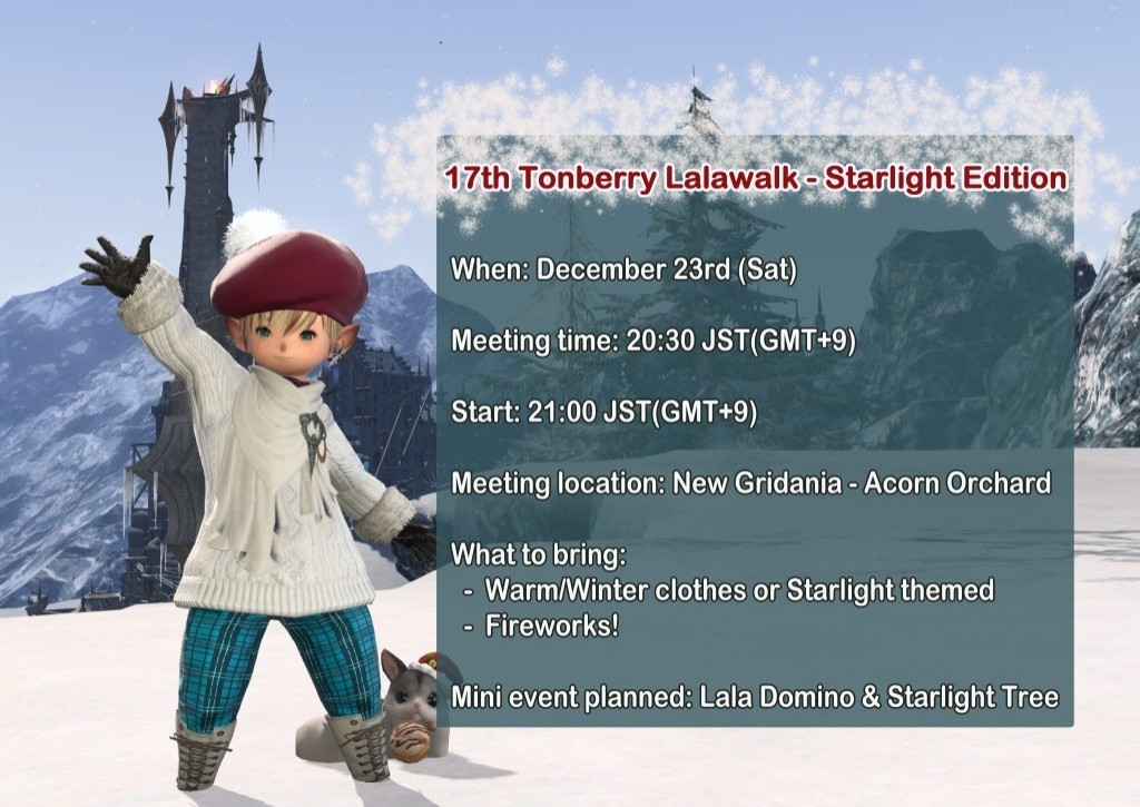 Lalafell inviting everyone to join a player made event in critically acclaimed MMORPG Final Fantasy XIV, happening on Tonberry world on December 23rd at 20:30 GMT+9. Meeting in new gridania.