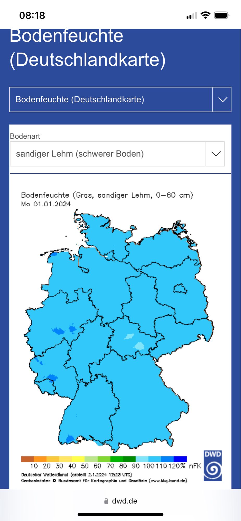 Karte der Bodenfeuchte in Deutschland in 0-60cm des DWD. Blau wie ein See mit Wert 100% am 1.1.2024.