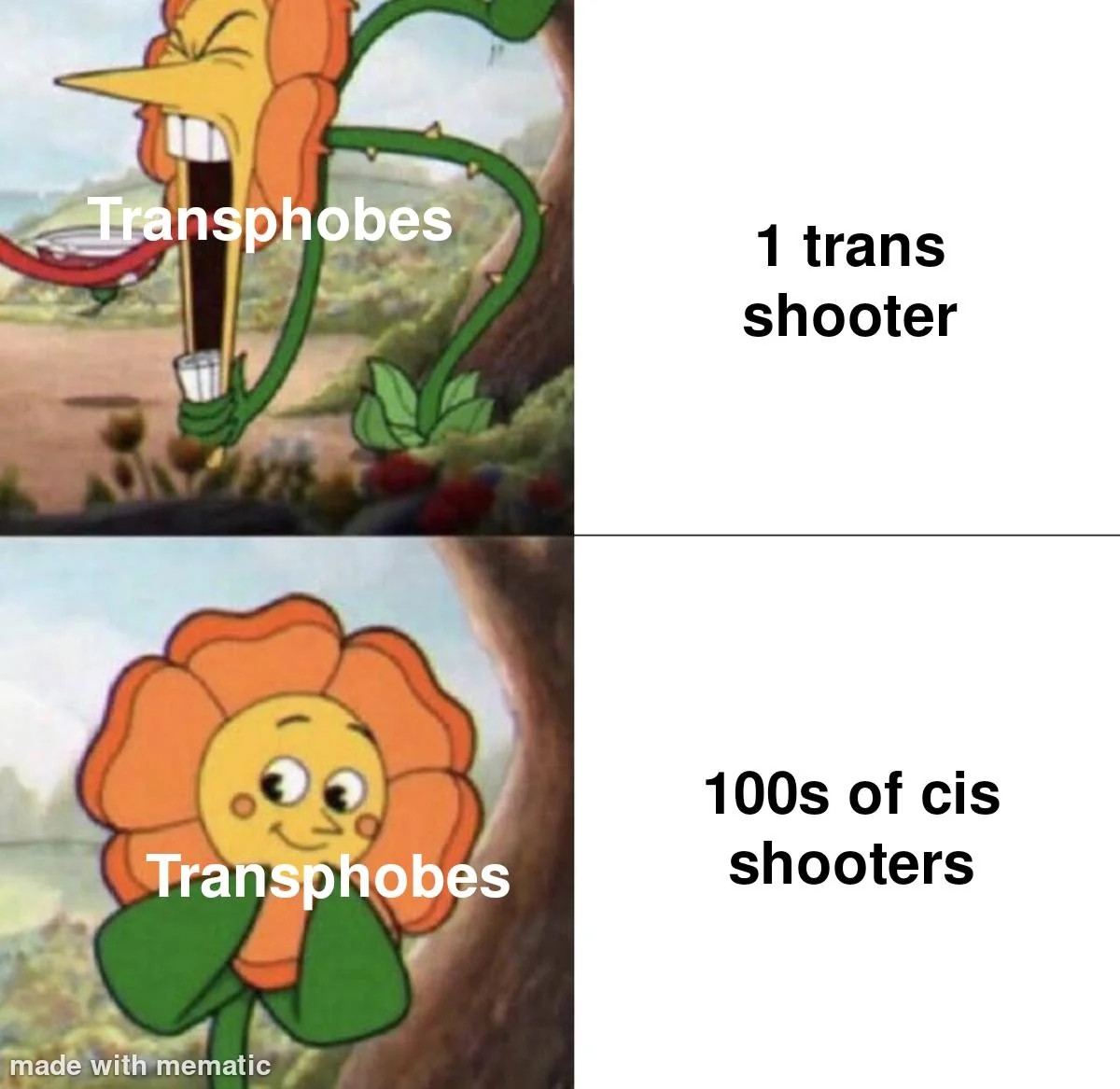 Meme template with flower

Angry- 1 trans shooter
Blushing/coy- 100s is cis shooters