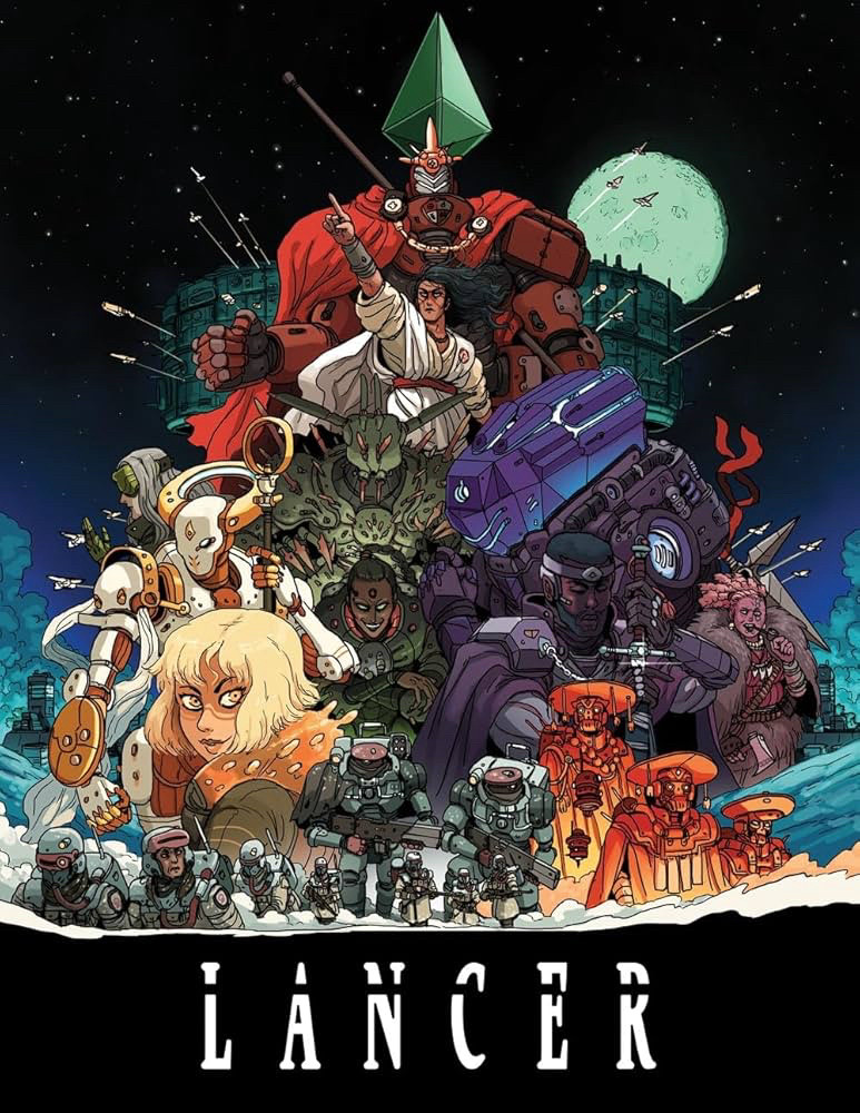 Cover art of the ttrpg Lancer, with numerous sci-fi characters and mechs depicted in a rising pyramid formation.