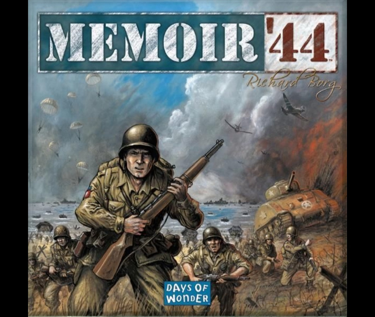 Box art for the board game Memoir ‘44 with allied soldiers storming the beach of Normandy.