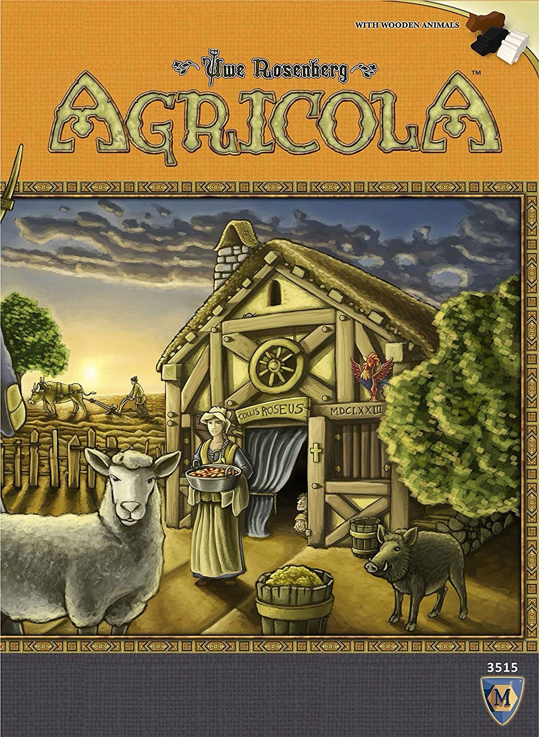 Box art for Agricola, the board game. Depicts a farmer outside her wooden cottage, with a sheep and boar alongside her and a fence for a farm behind the home.