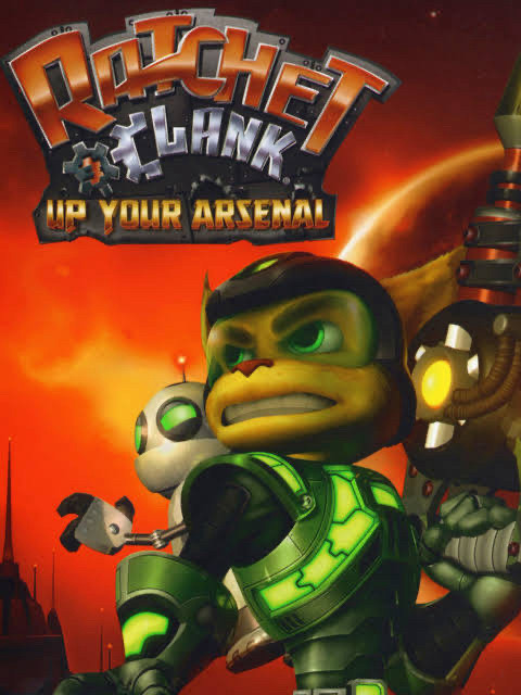 Cover art for the video game Ratchet & Clank Up Your Arsenal, with both main characters depicted on the front against a red sky background.