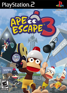 Cover art for the video game Ape Escape 3, with cartoon monkeys holding camera equipment on a recording set.