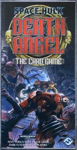 Box art for Space Hulk Death Angel the card game. Depicts space marines fighting aboard a space ship against aliens known as Xenos. 