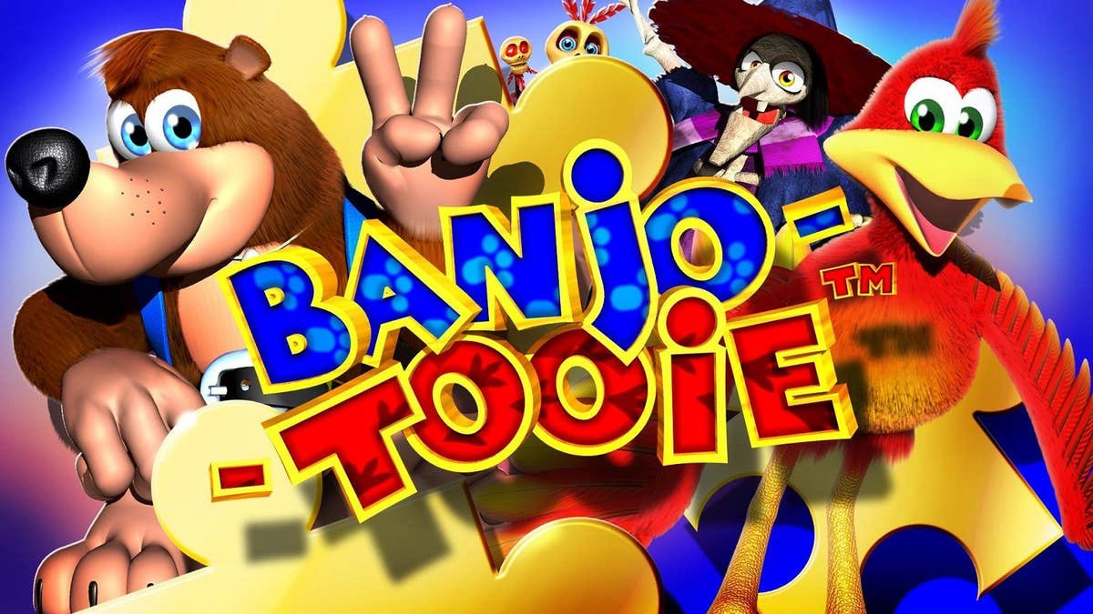 Various characters from the video game Banjo-Tooie, including Banjo a bear, Kazooie a bird, Grunty a witch, and Mumbo a shaman. The logo is in the middle.