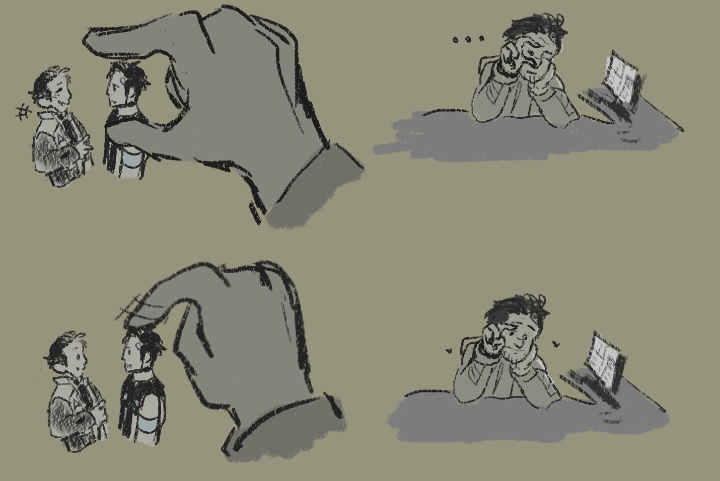 A comic of Gavin Reed putting his hand up to his eye so it looks like rk900 is small enough to squish his head, but he ends up flicking his finger back and forth as if petting his hair instead. Gavin smiles 