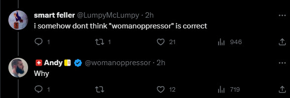 an exchange between smart feller and "womanoppressor" on twitter.