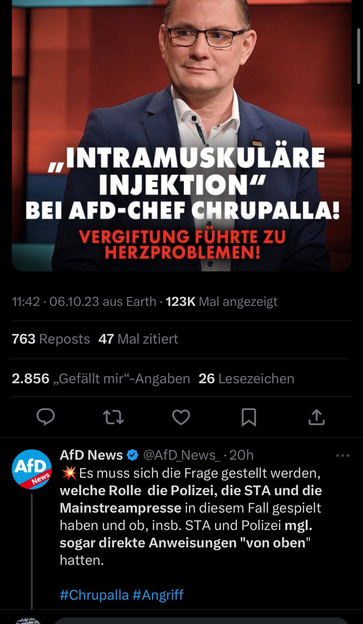 Eine Nius Überschrift auf Twitter: „Intramuskuläre Injektion“ Bei AFD-Chef Chrupalle. Ein Druko der AFD News: Es muss sich die Frage gestellt werden, welche Rolle die Polizei, die STA und die Mainstreampresse in diesem Fall gespielt haben und ob, insb. STA und Polizei mgl. sogar direkte Anweisungen „von oben“ hatten.