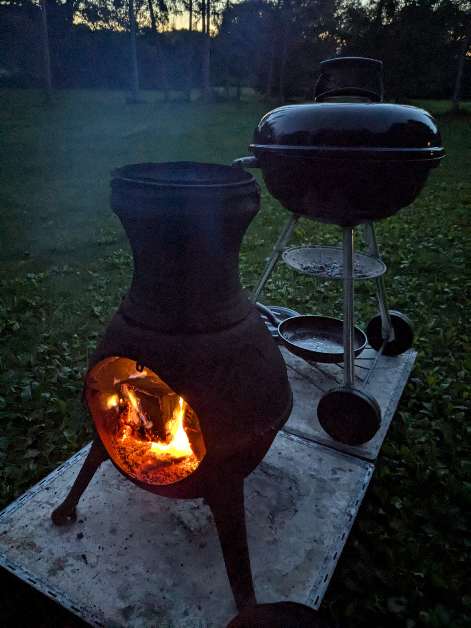 A chimney full of burning logs, with a BBQ behind it, at a woodland campsite.