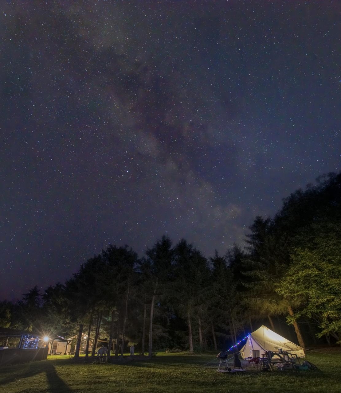 Photograph (a composite/stacked image) of an illuminated bell tent pitched in front of a small woodland, with the top half of the shot dominated by the night sky, showing the Milky Way.