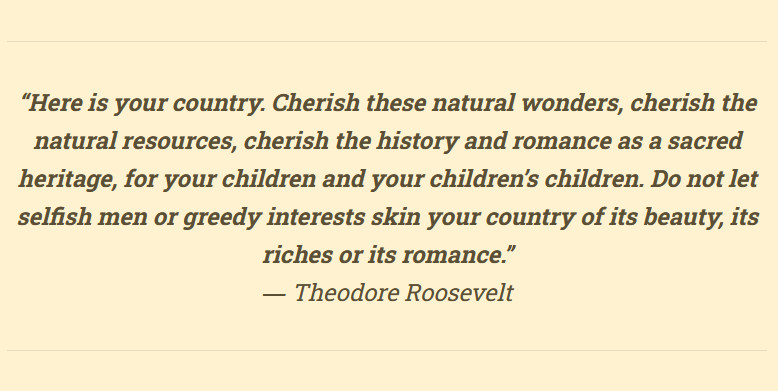 "Here is your country. Cherish these natural wonders, cherish the natural resources, cherish the history and romance as a sacred heritage, for your children and your children's children. Do not let selfish men or greedy interests skin your country of its beauty, its riches or its romance" - Theodore Roosevelt