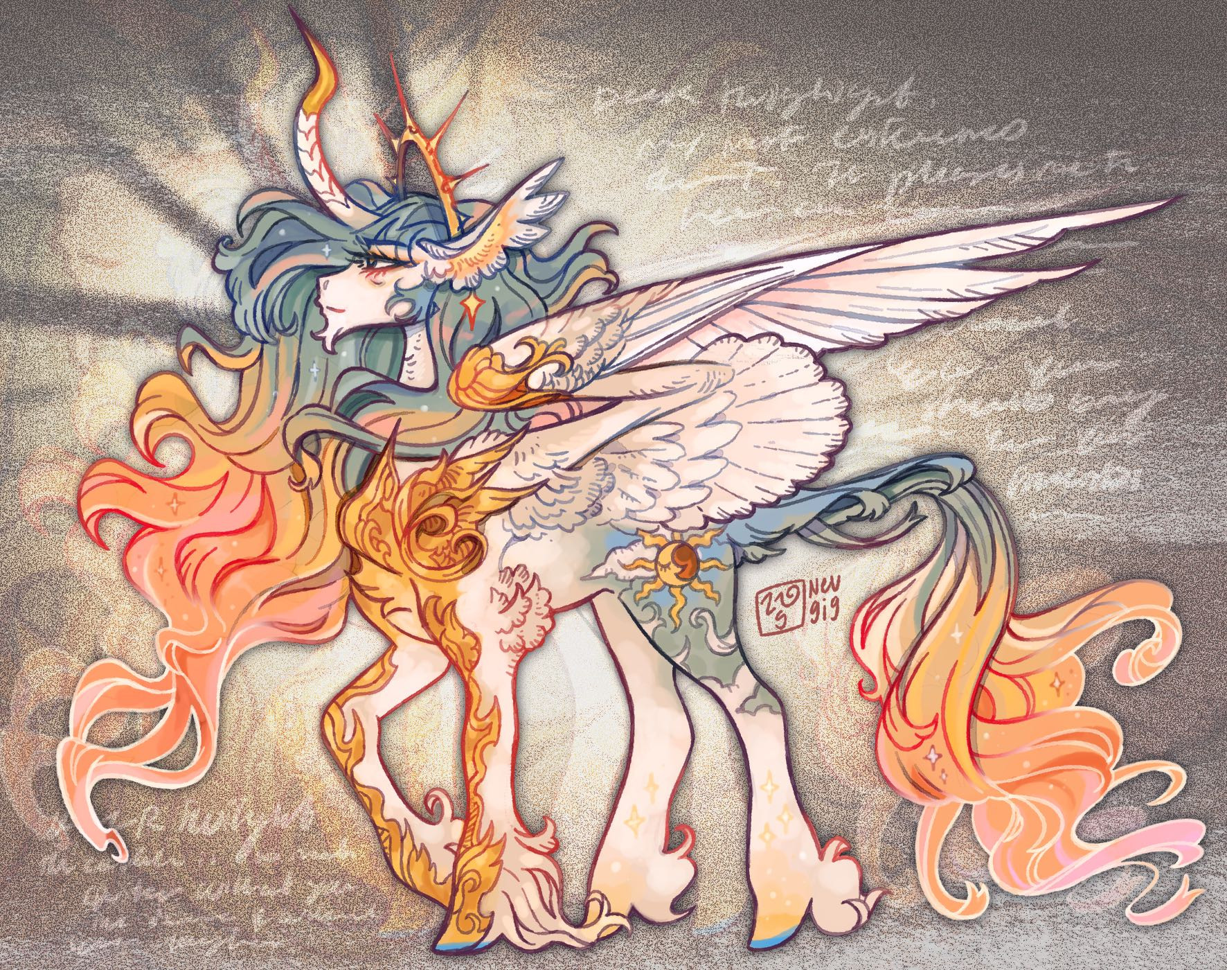 A redesign of Princess Celestia from MLP: FIM. She resembles a classical unicorn, her hair matches that of a rising sun and her crown that of the spikes of the sun. Her expression is weary yet she stands tall. Her pelt is laced with Gold. 