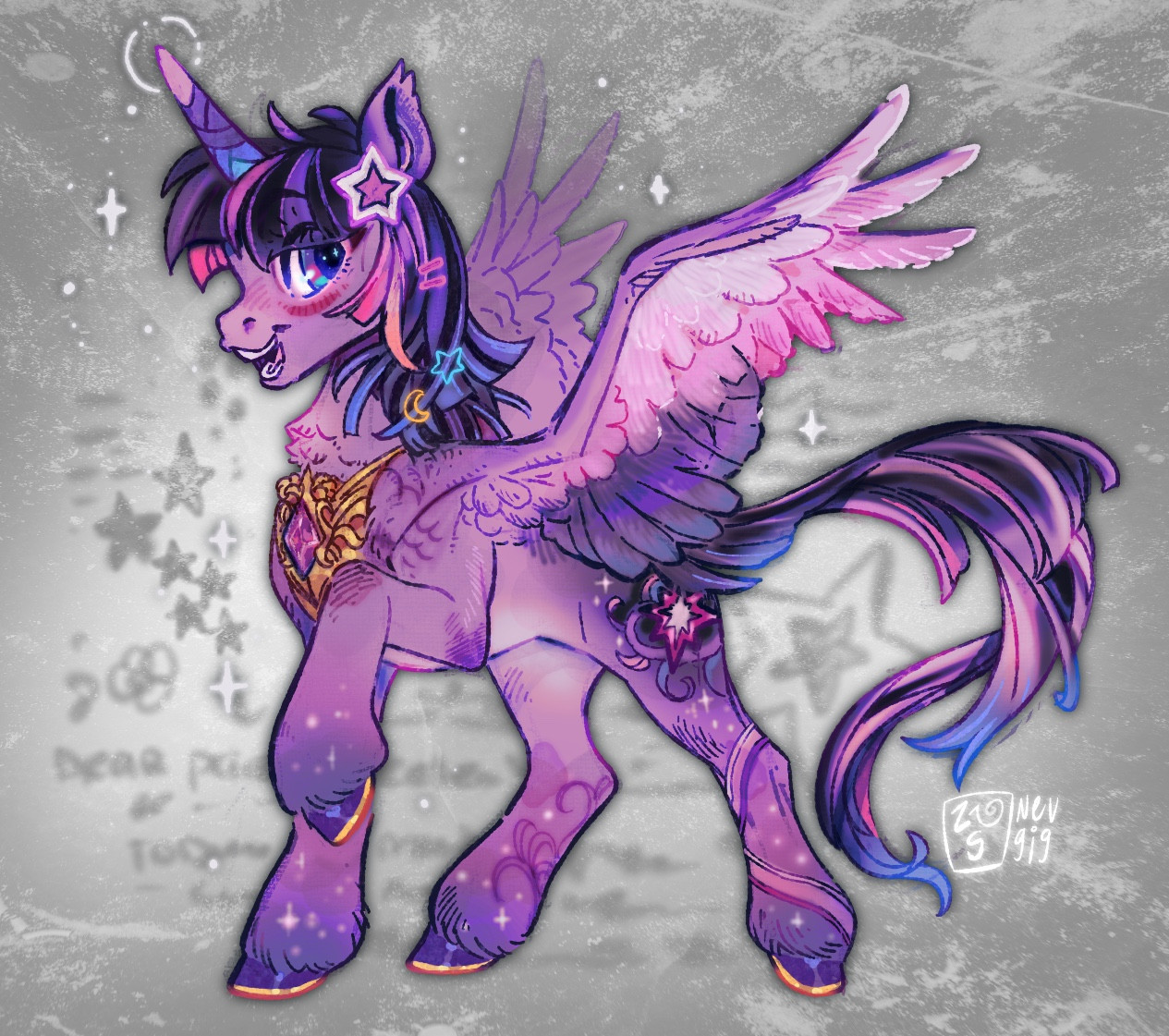 A redesign of Princess Twilight Sparkle from MLP:FIM. Her colors and style resembles that of frutiger metro, with stars glittering on her pelt. 