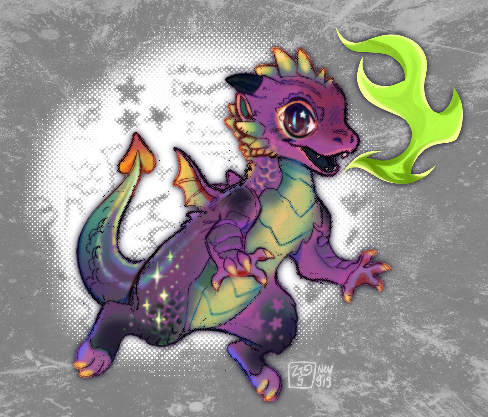 A redesign of Spike from MLP:FIM, he is semi-realistic, and his scales glitter with small stars. 