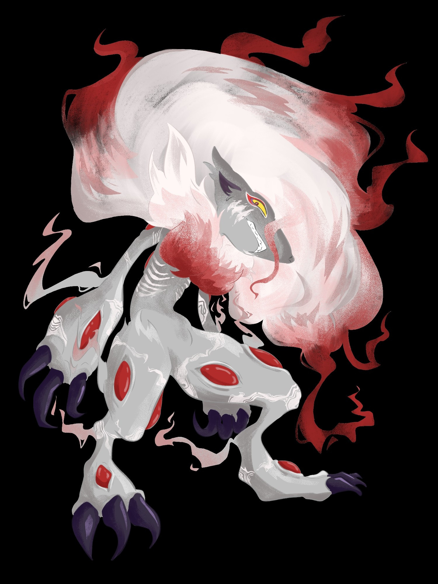 Original Pokémon character Hisuian Zoroark named Umi. Follows the typical Hisuian Zoroark colour scheme, but the body markings are unique to the design. Wispy on the limbs and a ribcage design on their rib area.