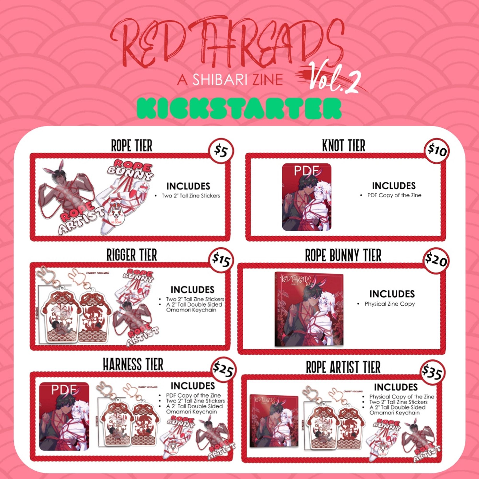 Rope Tier ($5) includes 2 2” stickers. Knot Tier ($10) includes a PDF copy of the zine. Rigger Tier ($15) includes two 2” stickers and a 2” tall double sided onamori keychain. Rope Bunny Tier ($20) includes a physical copy of the zine. Harness Tier ($25) includes two 2” stickers, a 2” tall double sided onamori keychain and a digital copy of the zine. Rope Artist Tier ($35) includes two 2” stickers, a 2” tall double sided onamori keychain and a physical copy of the zine.