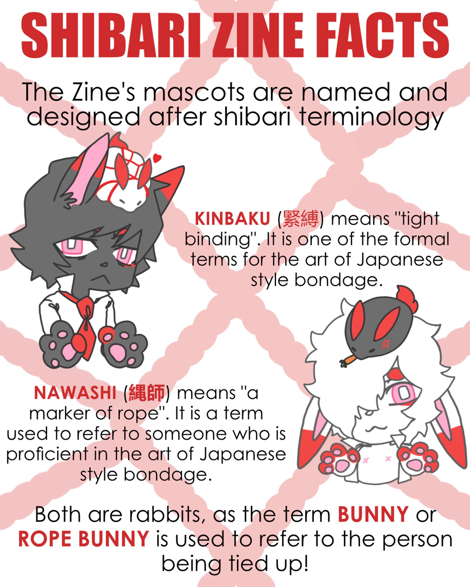 Shibari Zine Facts! The zine’s mascots are named and designed after shibari terminology. Kinbaku means “tight binding”. It is one of the formal terms for the art of Japanese style bondage. Nawashi means “a marker of rope”. It is a term used to refer to someone who is proficient in the art of Japanese style bondage. Both are rabbits, as the term Bunny and Rope Bunny is used to refer to the person being tied up!