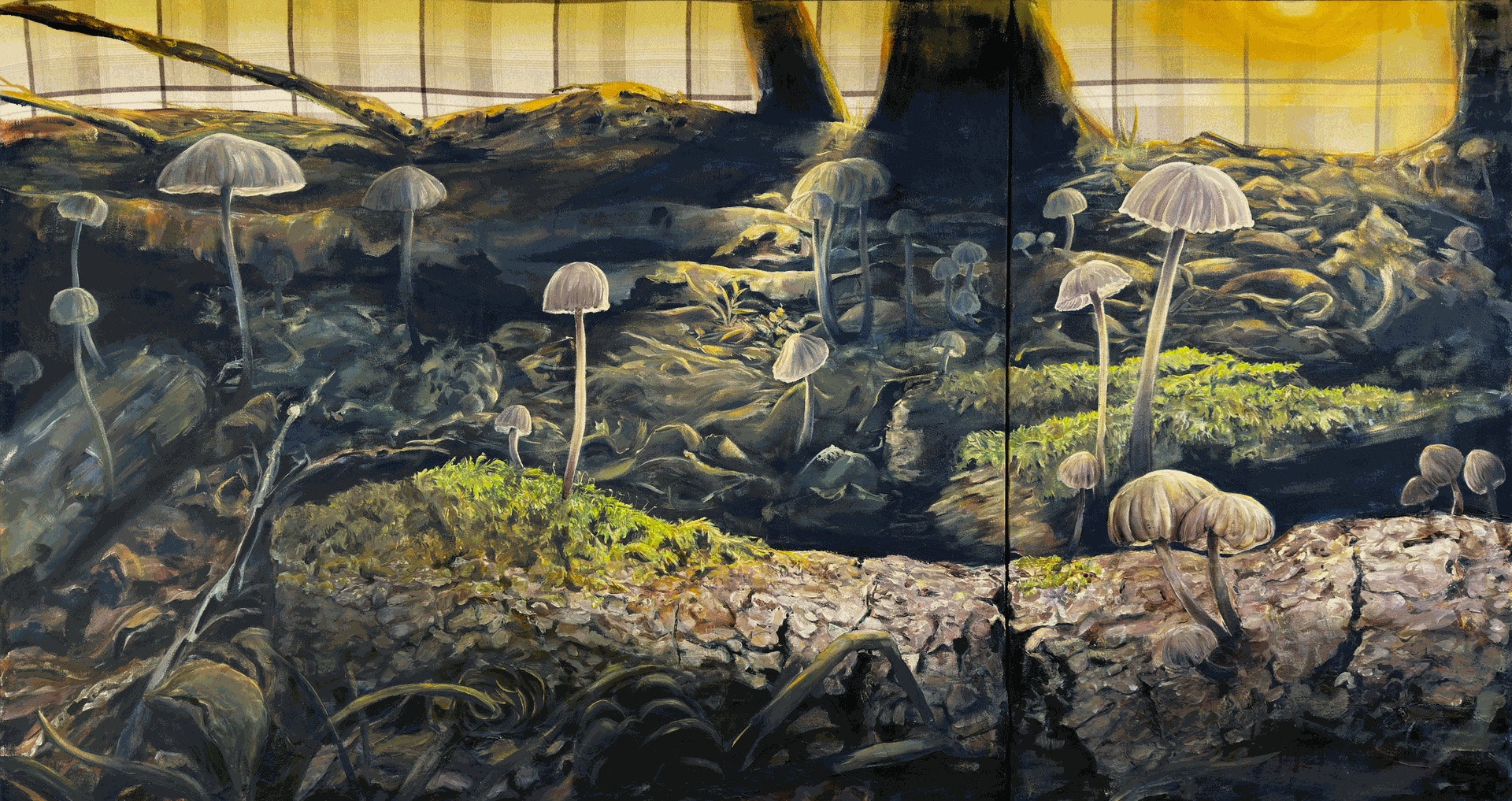 Full spread of painting, two stretchers so it can be hung in two places, or as one giant painting. 