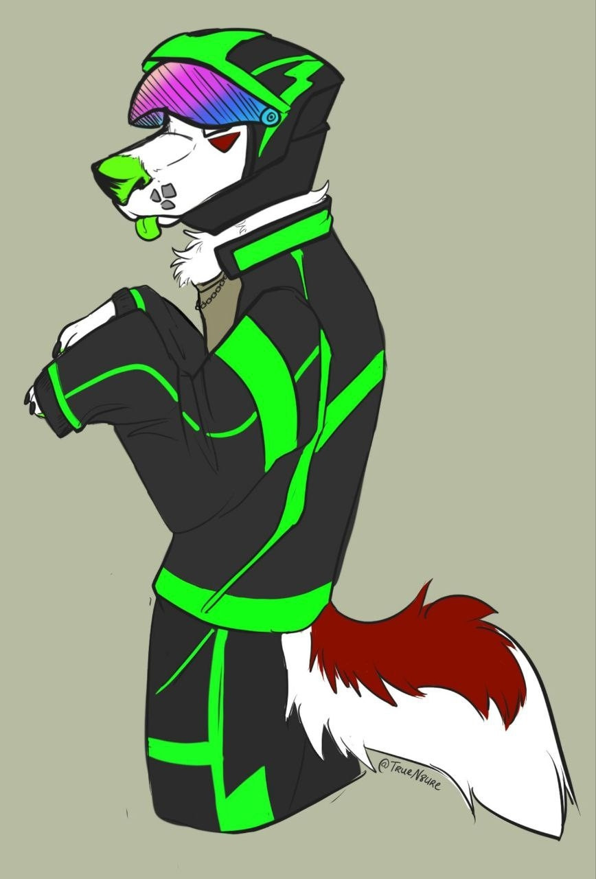 A drawing of a silly anthropomorphic white wolf with red markings. They Re are wearing motorcycle gear that is black with neon green designs. Their muzzle is sticking out of the helmet visor doing a "blep". 