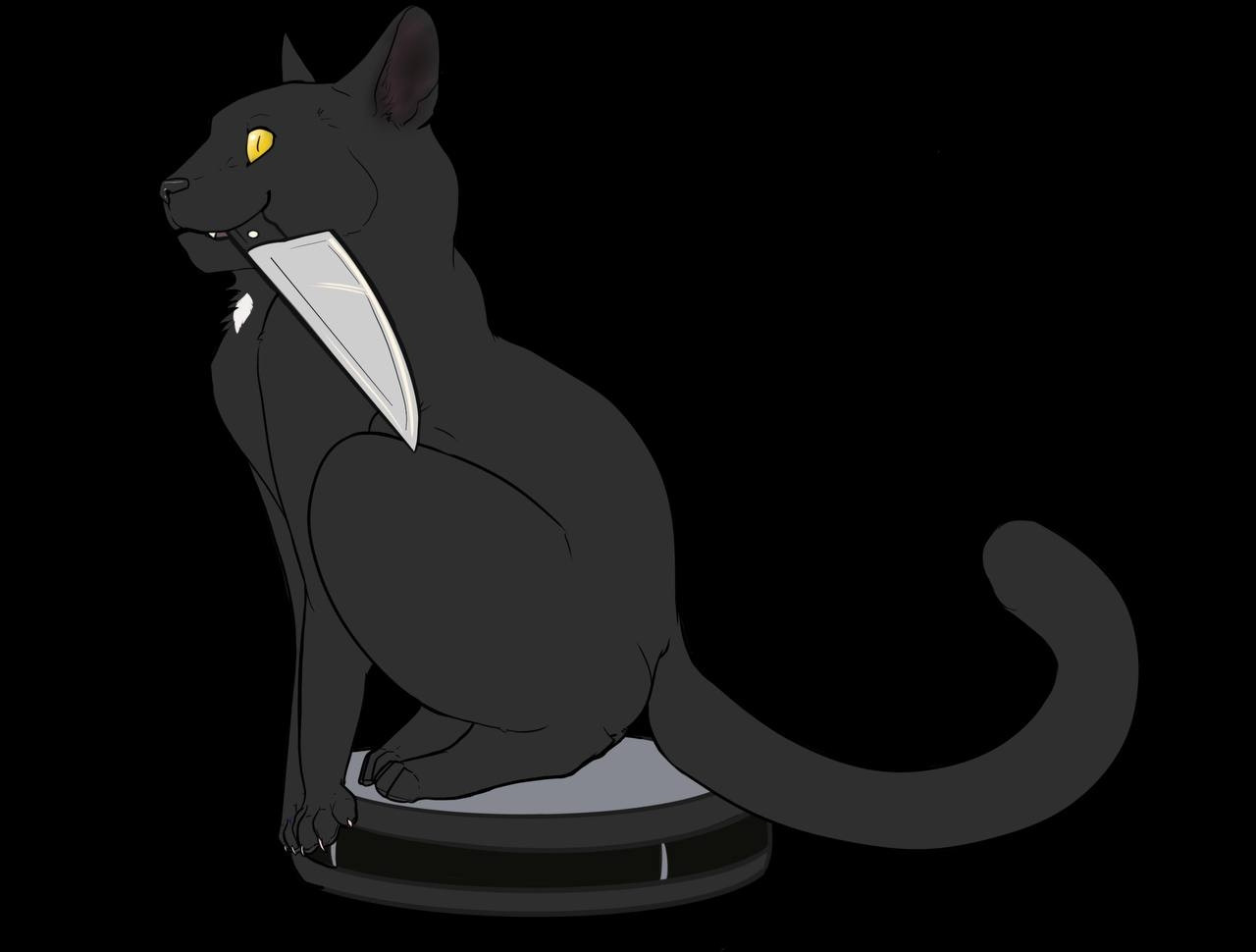 A drawing of a black cat on a Roomba with a large knife in its mouth. The most dangerous of feline fiends. 