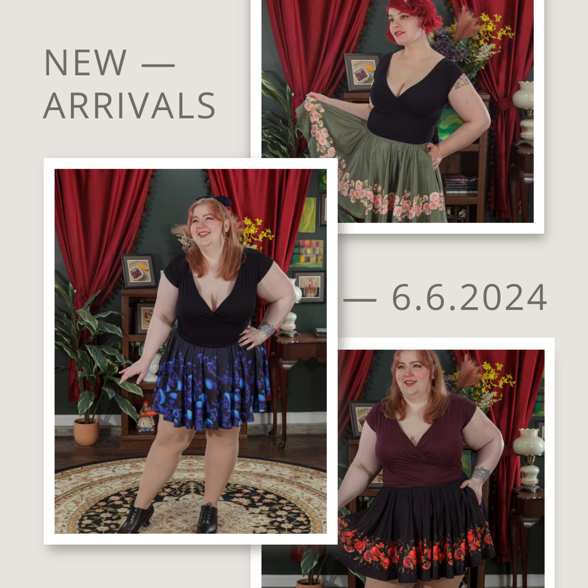 photo collage featuring various mini skirts. the top right photo features a mid size model wearing a black faux wrap crop top and a green mini skirt with pink and white clover flowers decorating the hem. the bottom right photo features a plus size model wearing a fig faux wrap crop top and a black mini skirt decorated with a painting of pomegranates on the hem. the middle photo features a plus size model wearing a black faux wrap crop top and a deep blue mini skirt decorated with paintings of vibrant blue jellyfish across the skirt.