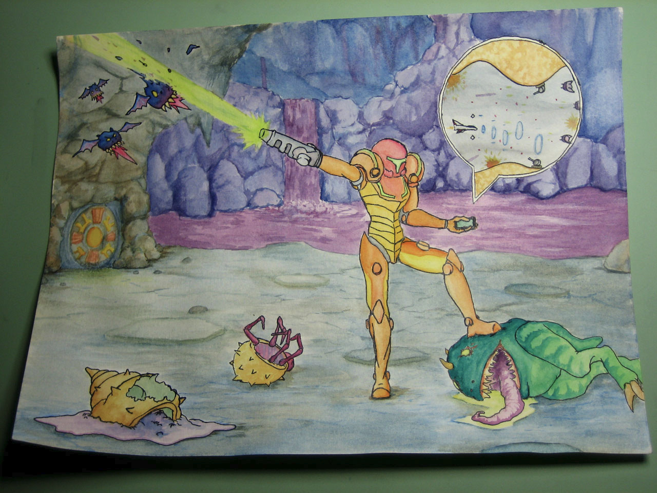 another watercolor, this one shows samus standing in a cave playing gradius on her phone while casually blasting some bat aliens without looking up. she's resting one foot on a dead frog alien, and a couple other critters she's massacred lay nearby. there's a purple waterfall in the background.