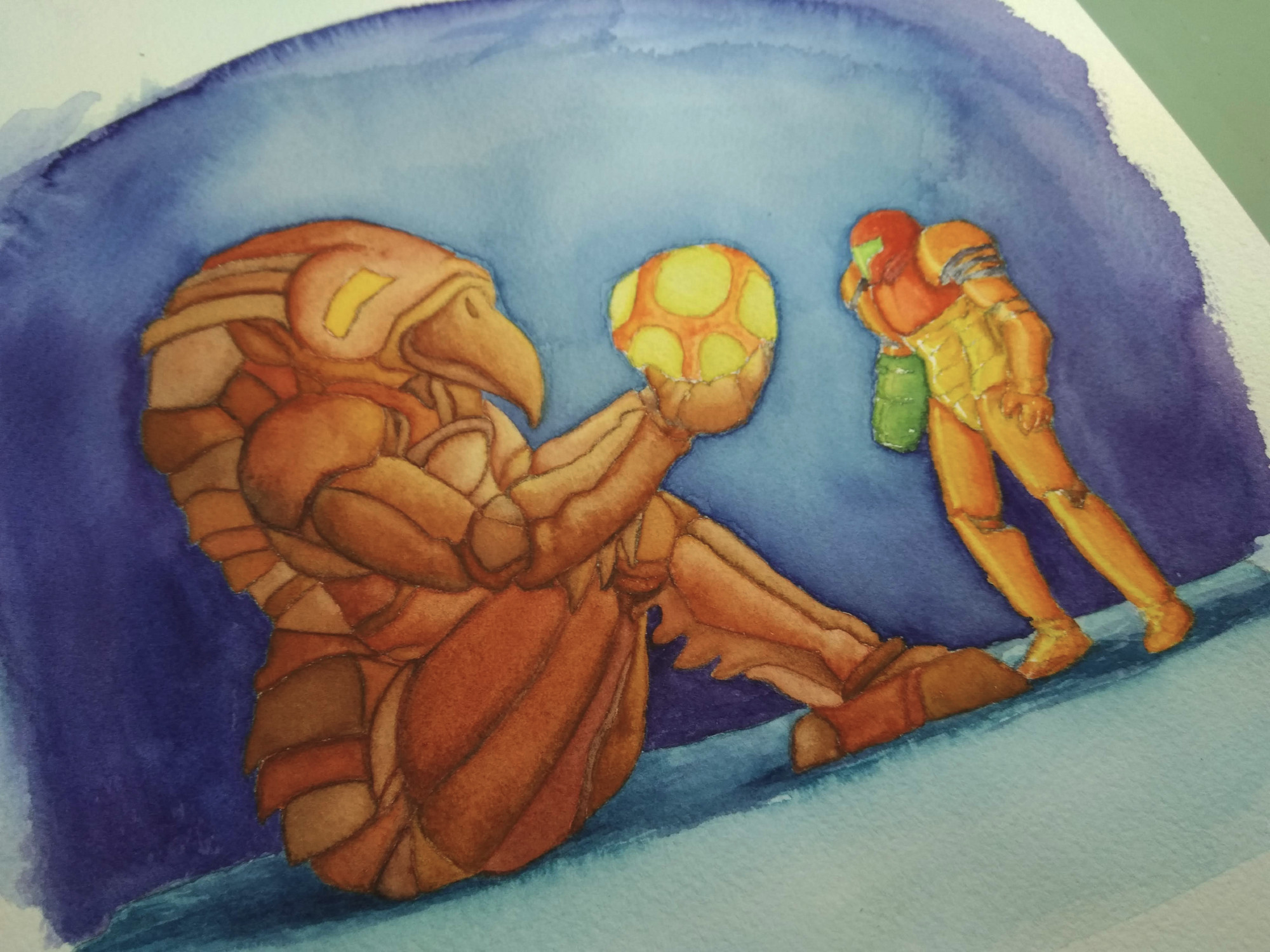 a watercolor painting of samus metroid looking at a chozo statue holding one of those glowy orb things they've always got