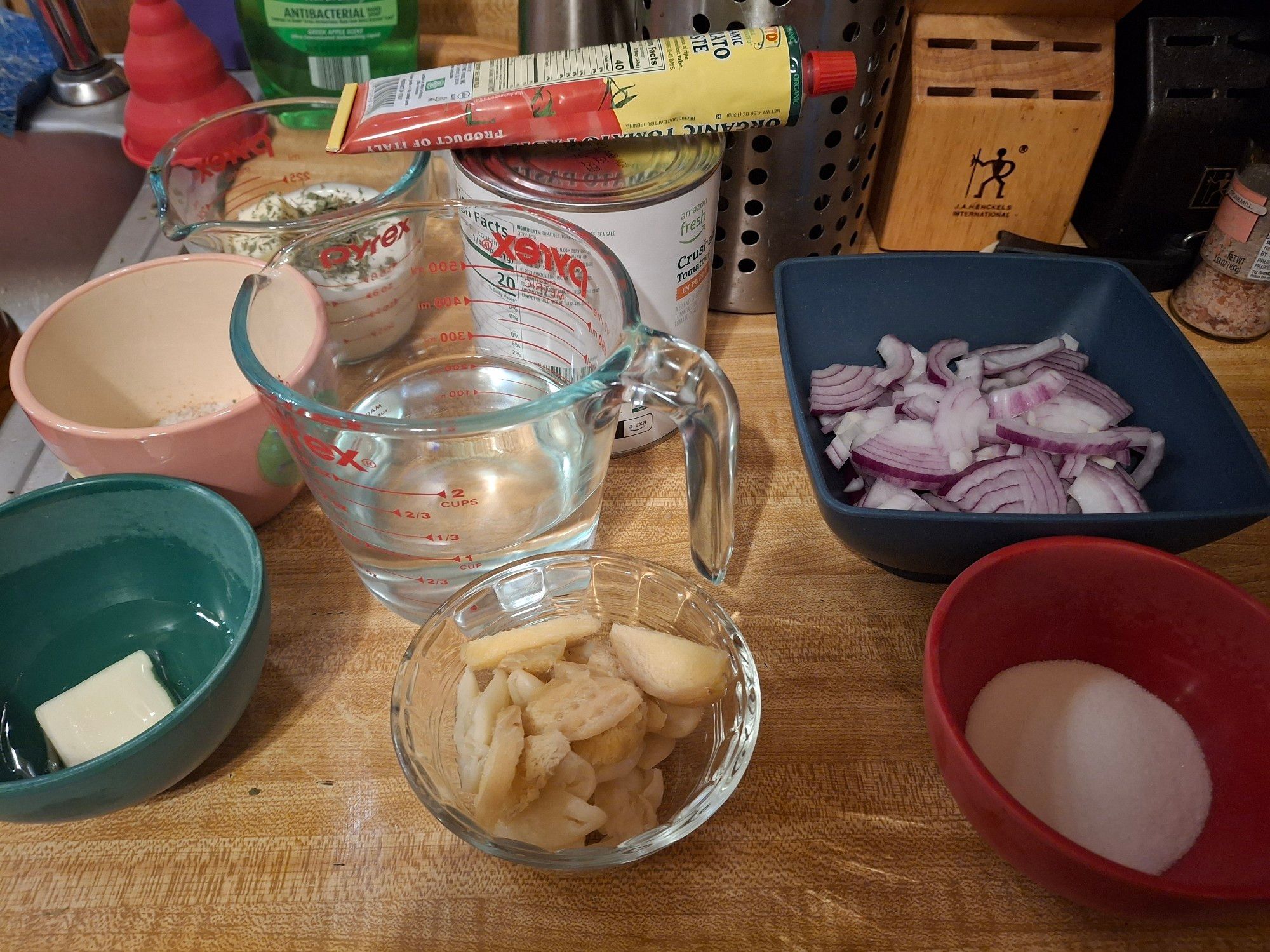 All of the non-meat ingredients for butter chicken laid out on my countertop