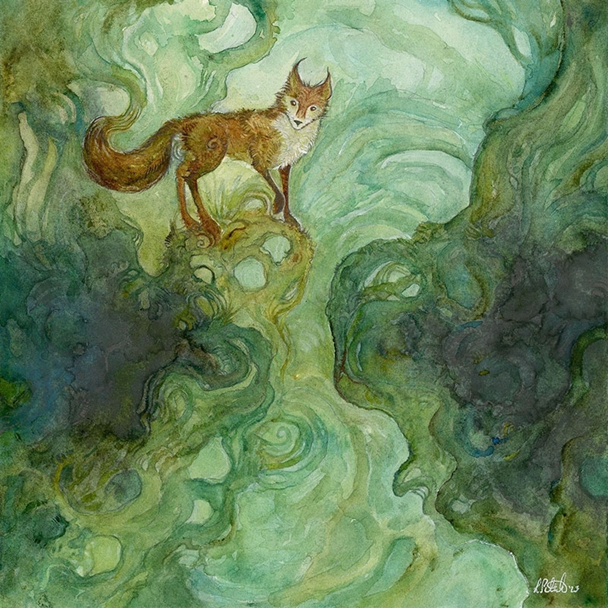 A red fox standing on green swirly roots.