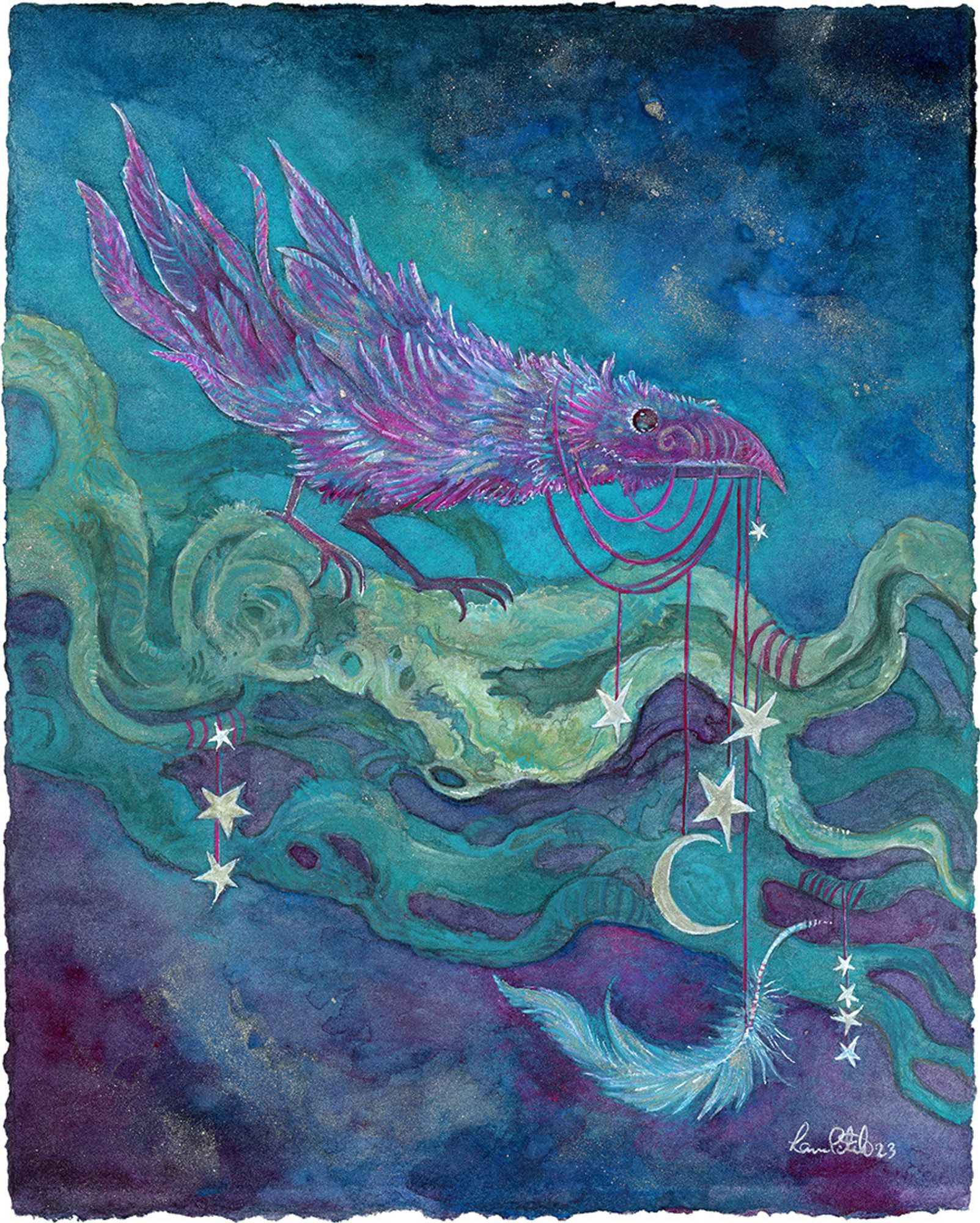 A violet feathered raven on a green branch. He has ribbon hanging from his beak with stars, a moon, and a pale feather.