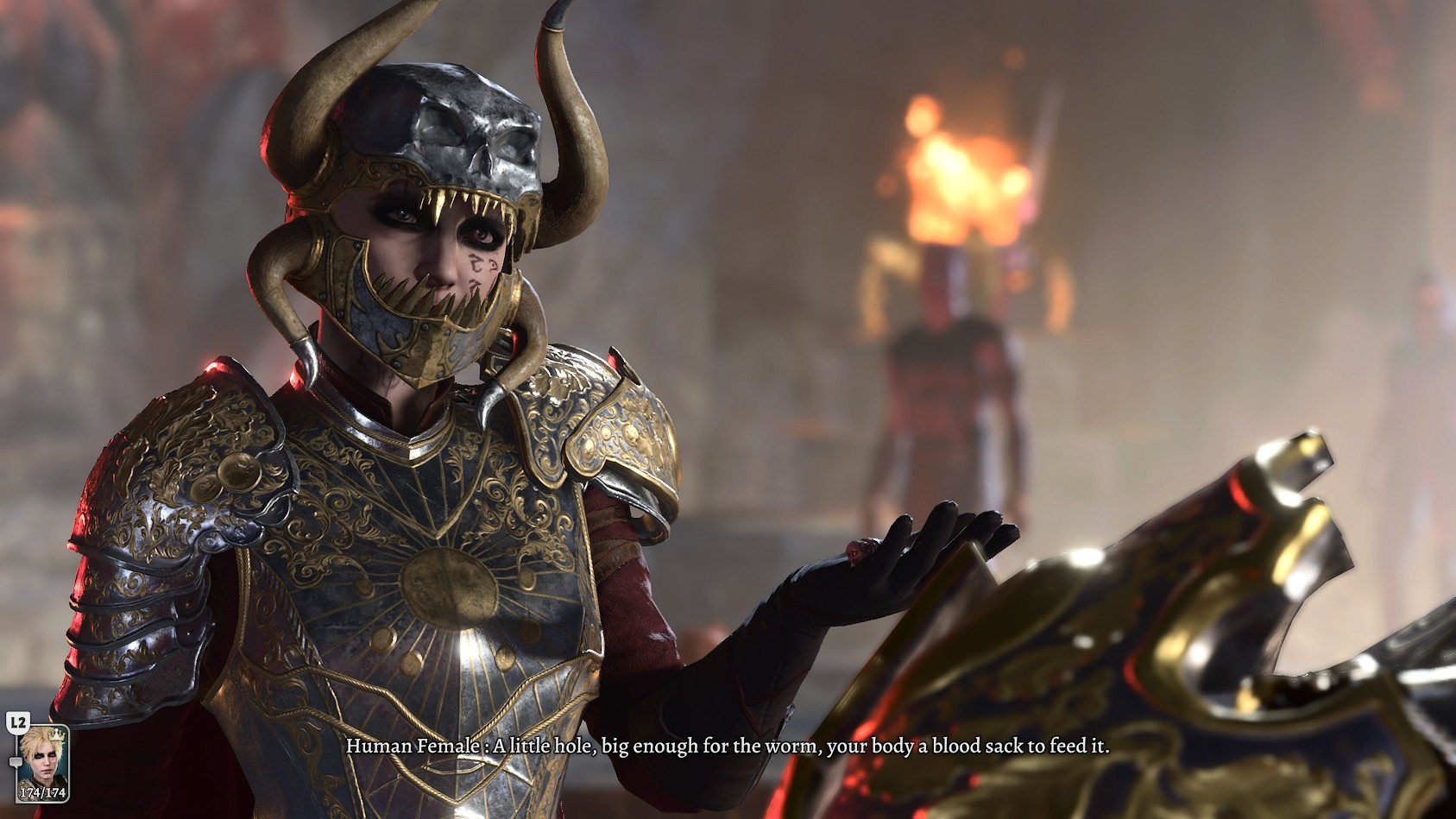 Orin, mimicking Caedes's appearance when he confronted her in the Temple of Bhaal - wearing Sarevok's horned helmet and sturdy, enchanted half-plate.